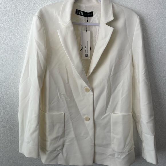 Zara Straight Cut Tailored Blazer Jacket with Pockets Size Small Ecru 8473/888 - Picture 3 of 10